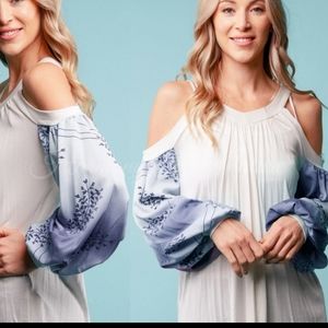 Cream & Blue Cold Shoulder Blouse